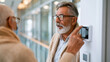 © Kateryna - Rear view of a senior man giving a voice command to a smart thermostat panel on a bright wall in a clean modern hallway home automation concept aging in place technology
