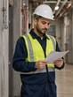 © Vasiliy - Focused young male engineer reading a document in an industrial facility. Professional worker in a hard hat and high-visibility vest checking plans in a factory corridor