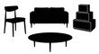© Sudha - Minimalist black silhouette of living room furniture including a chair sofa coffee table and storage unit against a white background with furniture layout