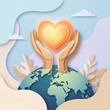 © AULIA - Hands holding a glowing heart above the Earth. Global love and environmental care concept.