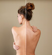 © New Africa - Before and after tanning. Collage showing woman with various skin tones on grey background, back view