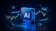 © Beginner Studio - 3D artificial intelligence processor surrounded by floating financial stock market charts and data analytics dashboards in dark blue space