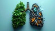 © sandi - Concept image comparing healthy green lungs with lungs damaged by smoking, represented by cigarette butts and ash
