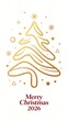 © wilson - Minimalist 2026 merry christmas greeting card with continuous one line gold abstract christmas tree with small snowflakes on plain clean white background
