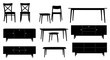 © Pabitra - Minimalist black silhouette of various furniture pieces including chairs tables and cabinets arranged in a grid pattern against a white background