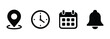 © MDOSMAN - Time date and notification line icons calendar address location pointer and alarm bell notice alert business schedule and office time clock location place date reminder, event scheduling and time.