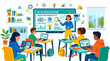 © Ayat - Diverse students in modern classroom learning with digital tablets. Group of kids engaging in interactive education using touchscreen devices and t...