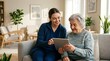 © Rimsha - Caregiver assists an elderly woman using a digital tablet while sitting together on a comfortable sofa in a bright living room to help her stay connected with her family and manage daily tasks.