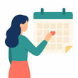 © Farhan - Woman with blue hair marking a special date on a calendar with a red heart icon, concept for save the date, anniversary planning, or schedule management illustration on white background.
