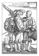 © Timofeeff - Three Landsknechts in Renaissance attire with feathered hats and swords, one carrying a drum, old vintage illustration, 1894.