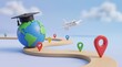 © Prismatic Icons Pro - Global education concept with graduation cap on world globe education university graduation learning international airplane academic knowledge