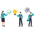 © HINA  KOUSAR - Flat illustration of business people brainstorm solutions with with lightbulb and chaos messy tangle contemplating complicated problems and challenges stock illustration