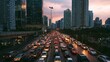 © Plaifah - Evening traffic congestion in a bustling city with high-rise buildings and vibrant skyline during sunset, showcasing urban life and transportation challenges