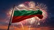 © ZiletterId - Bulgaria national flag waving on flagpole against night sky background with colorful fireworks celebration display