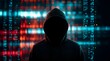 © alvi - Anonymous hooded hacker silhouette against a background of glowing red and blue digital binary code