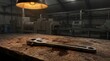 © Nasrin - Industrial adjustable wrench on rustic wooden workbench, heavy duty metal spanner in dark factory workshop, mechanical repair tool on weathered wood table