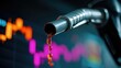 © Nart - A dramatic close-up of a fuel nozzle dripping gasoline with a financial trading graph in the background. Neon highlights reflect on the metal, visualizing oil market volatility.