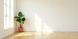 © vattana - Sunlight streams through a window illuminating a minimalist room with hardwood floors and a potted plant