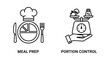 © MOSTPARVIN - Meal prep and portion control diet management icons with nutrition lifestyle measurement utensils planning monochrome isolated wellness balanced calories culinary analysis