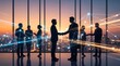 © CuteBee - Business people silhouettes shaking hands in modern office skyscraper with digital network overlay during sunset with panoramic city skyline view representing global corporate connectivity