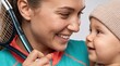 © Tatiana - Mother tennis player holding her toddler. Woman athlete with sports racket looking at happy kid. Concept of active parenthood, family health, love, bonding, and balancing mothering.