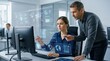 © LUMEN - IT security experts monitoring cyber threats and data protection systems using advanced holographic interface overlays on computer screens in a high-tech corporate control room.