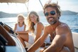 © zhuan - Three people relaxing on a sunlit yacht at sea with coastal hills in the distance, enjoying a carefree, joyful summer cruise