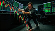 © a - In the dim trading room, a heavily stressed trader struggles to pull a rope tied to a plummeting candlestick chart.