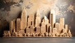 © KAHAR - Architectural model a city skyline made of light wood, against a cloudy backdrop, atop a grey surface
