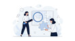 © Ayem - Teamwork concept: two women assembling a jigsaw puzzle with a magnifying glass, symbolizing strategy, problem-solving, and collaboration.