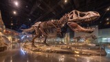 Tyrannosaurus Rex skeleton in a natural history museum, massive dinosaur fossil display, prehistoric predator bones in dark exhibition hall
