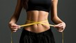© Om - Fit person measures their waist with a yellow tape measure against a dark background
