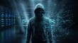 © startang141 - A mysterious hooded hacker figure in a dark server room, digitally dissolving into glowing blue data particles and code.