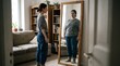 © startang141 - A woman looking at her reflection in a mirror, which shows a distorted, larger image of herself, symbolizing body image issues.