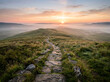 © fani - A scenic stone path leading through rolling green hills during a beautiful sunrise with morning mist.