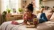 © Masque - A teenage girl lying on a bed while talking on a retro landline phone.