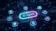 © Masque - 3D rendering of an AI agent software interface showing workflow automation and data tool nodes.