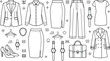 © MdShakib - Business formal office clothing line icon set featuring blazer shirt skirt trousers dress heels coat and fashion accessories