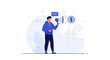 © Husein - Man with megaphone announcing financial growth and marketing message, vector illustration