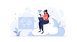 © Nayara - Woman using laptop and phone while sitting on a cloud, concept of cloud computing and global connectivity