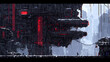 © Sompong - Futuristic cityscape pixel art angular skyscraper cyberpunk neon red rainy dark dystopian silhouette industrial digital atmospheric moody science fiction urban technology night architecture
