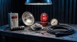 © DigitalSpace - Coal mine safety still life with methane detector, cap lamp, emergency beacon, dust mask, pressure gauge, and cable on a steel bench.