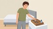 © felipe - Morning Routine Organization: A young man in casual attire neatly organizes personal items in a bedside drawer organizer, preparing for his day with a sense of calm and order.