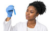 © baim - African American Female Scientist Examining Test Tube with Blue Liquid in Laboratory