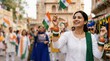 © OlgaNeuroArt - Smiling Indian woman holding national flag. Happy female celebrating Indian Independence Day wearing tricolor bangles. Patriotic crowd on street parade