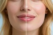 © andyaziz6 - Close-up portrait of a woman's face divided by a vertical white line, showing skin texture comparison
