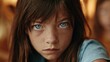 © Selvi - Young girl with long brown hair and striking blue eyes looking directly at camera with a serious expression