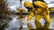© Selvi - Environmental scientist in yellow hazmat suit testing water pollution near oil rig