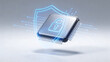 © usiel - Futuristic microchip levitating with glowing blue security shield and padlock icon