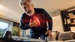 © Flash memory - Senior man suffering from heart attack at home. Caucasian elderly man clutching chest with realistic 3D medical anatomy of beating heart and ECG line. Emergency cardiology health concept.